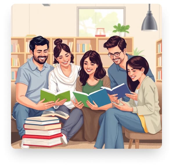 Diverse group of people learning together in a warm, modern environment