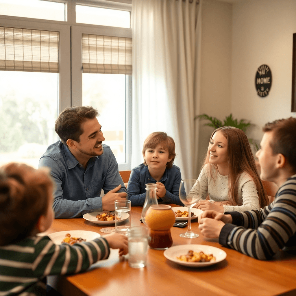 Parents talking with teenage children at dinner table
