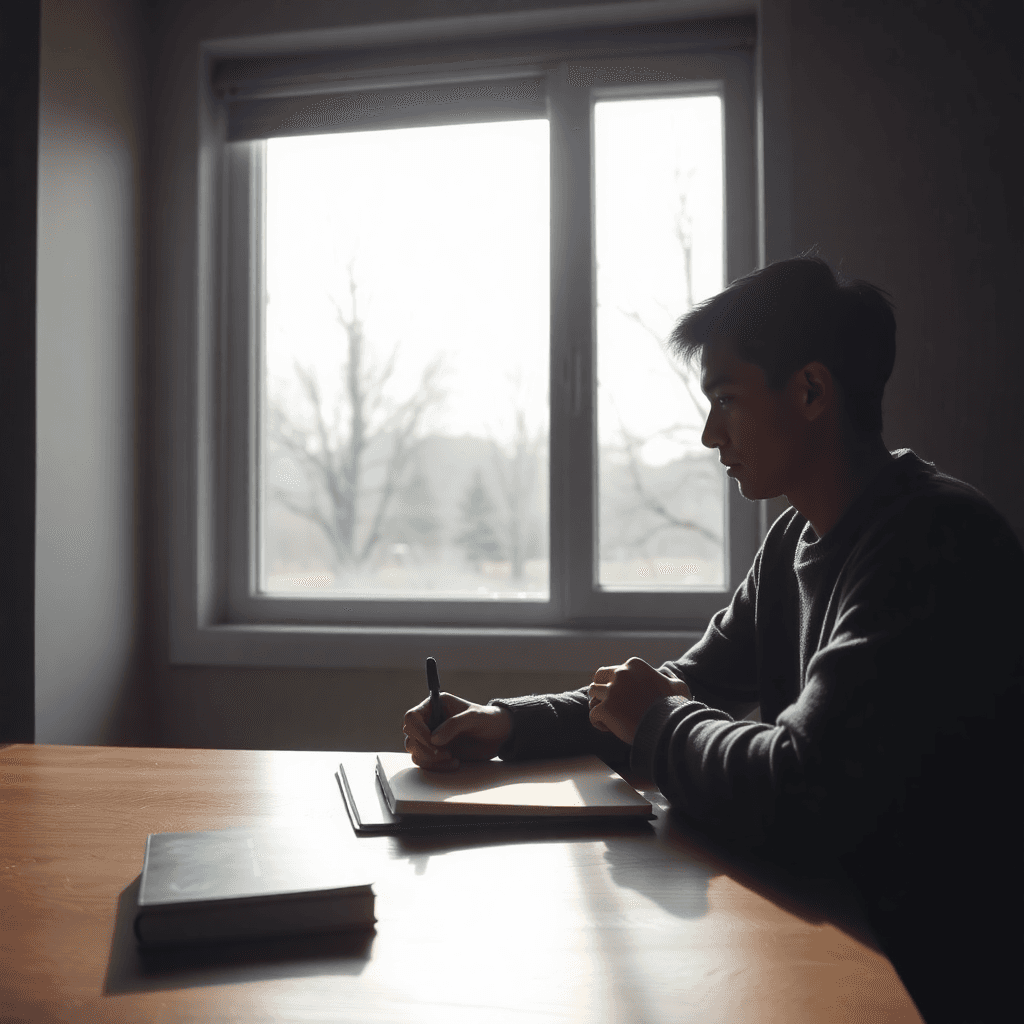 Person writing in journal by window with natural light