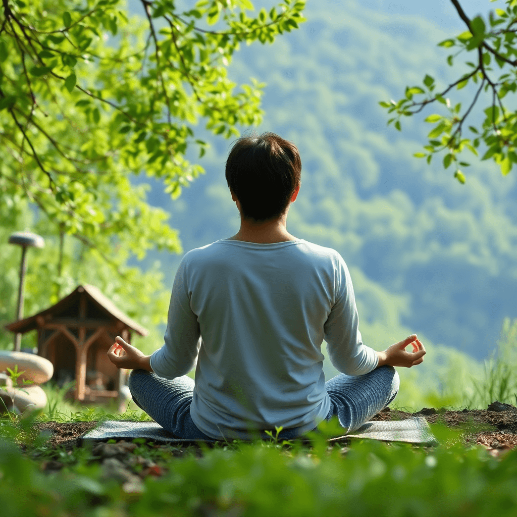Person meditating in peaceful natural setting
